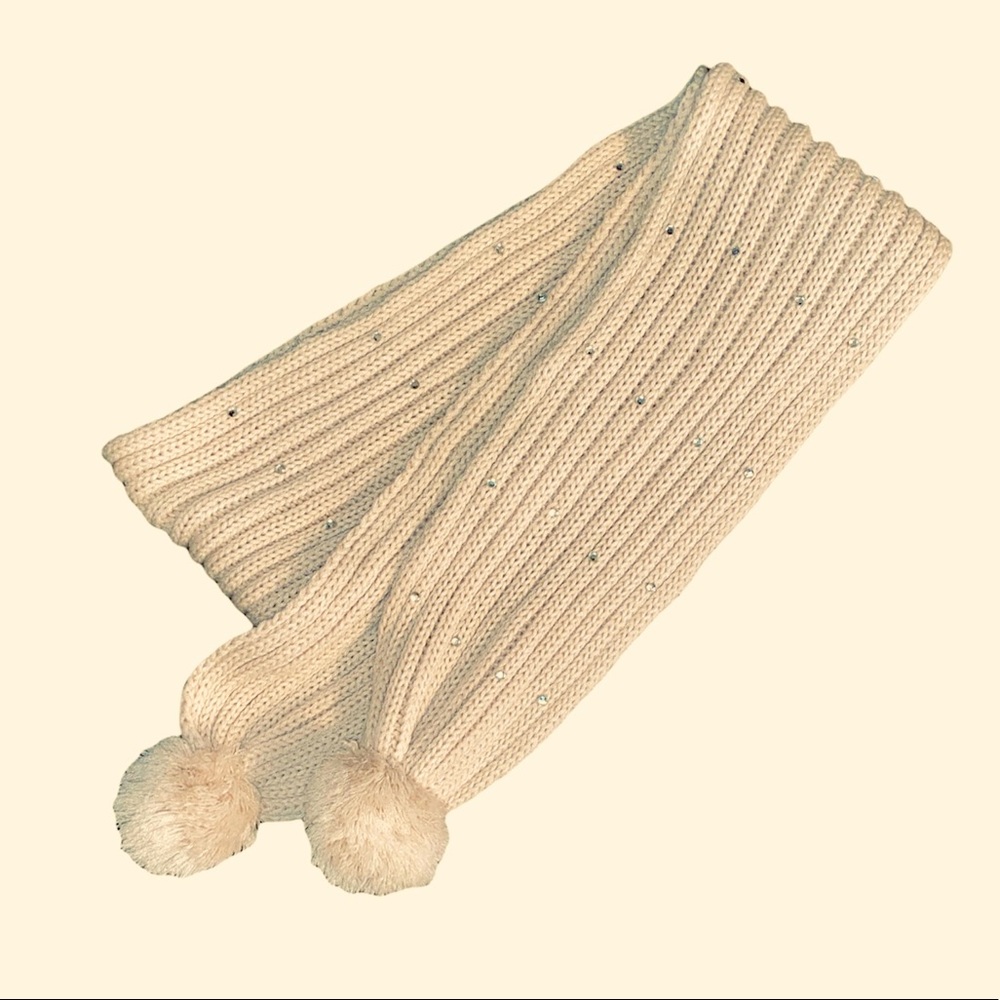Knit Cream Pom Pom Scarf with Rhinestones